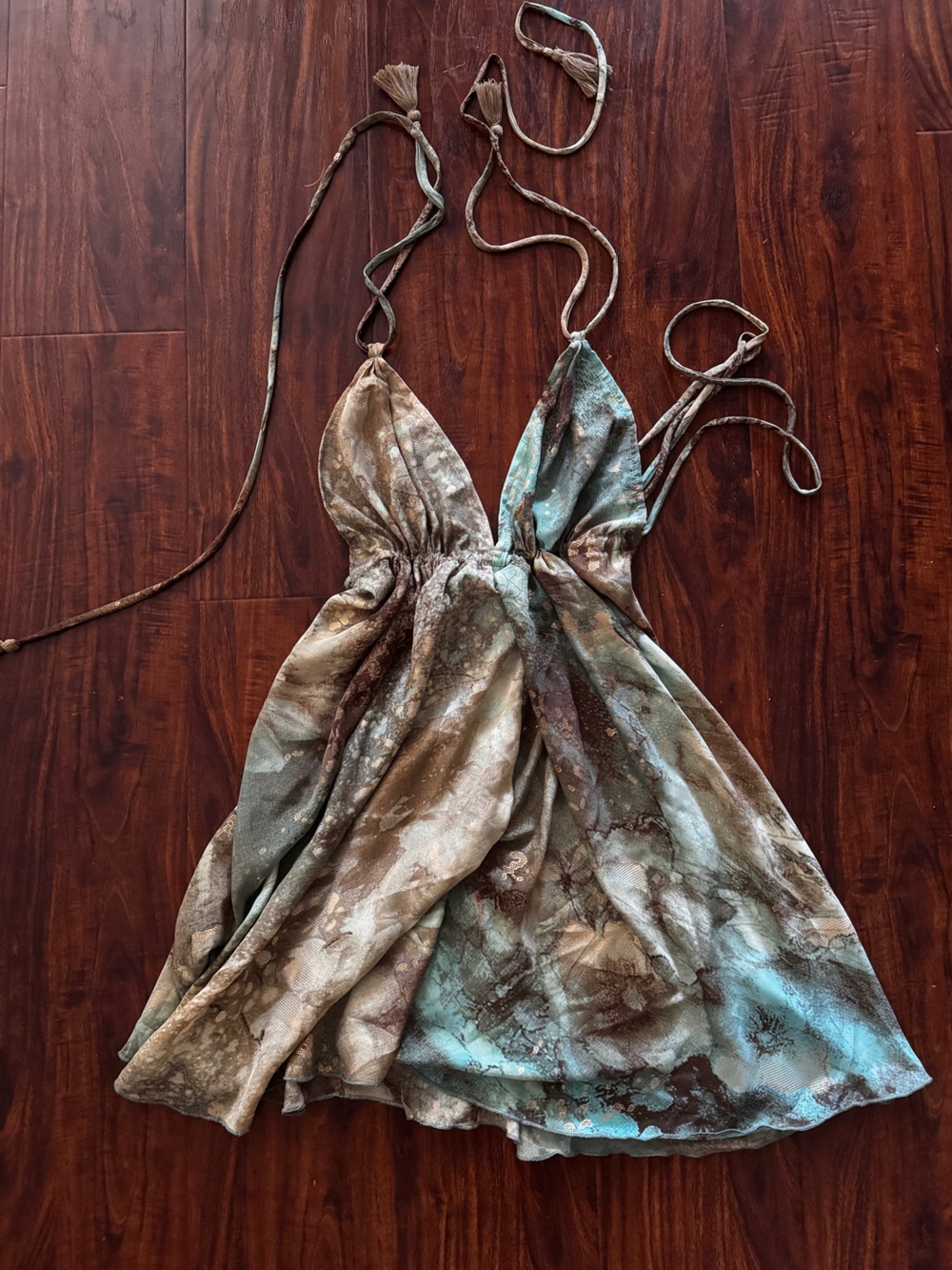 Silky Tie-Back Halter Mini Dress in Aqua and Gold Brown